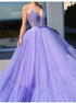 Purple Ball Gown Spaghetti Straps V Neck Beadings Prom Dresses with Pleats LBQ1737